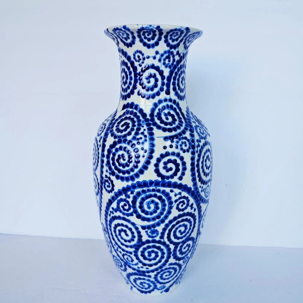 Vintage Blue and White Swirl Hand Painted Ceramic Vase 12.5